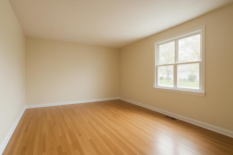 An empty living room, as photographed